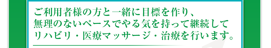 ご利用様の方と一緒に目標を作り、無理のないペースでやる気を持って継続してリハビリ・医療マッサージ・治療を行います。